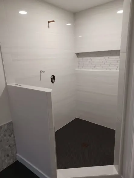 Shower interior with dark floor tile and long recessed niche