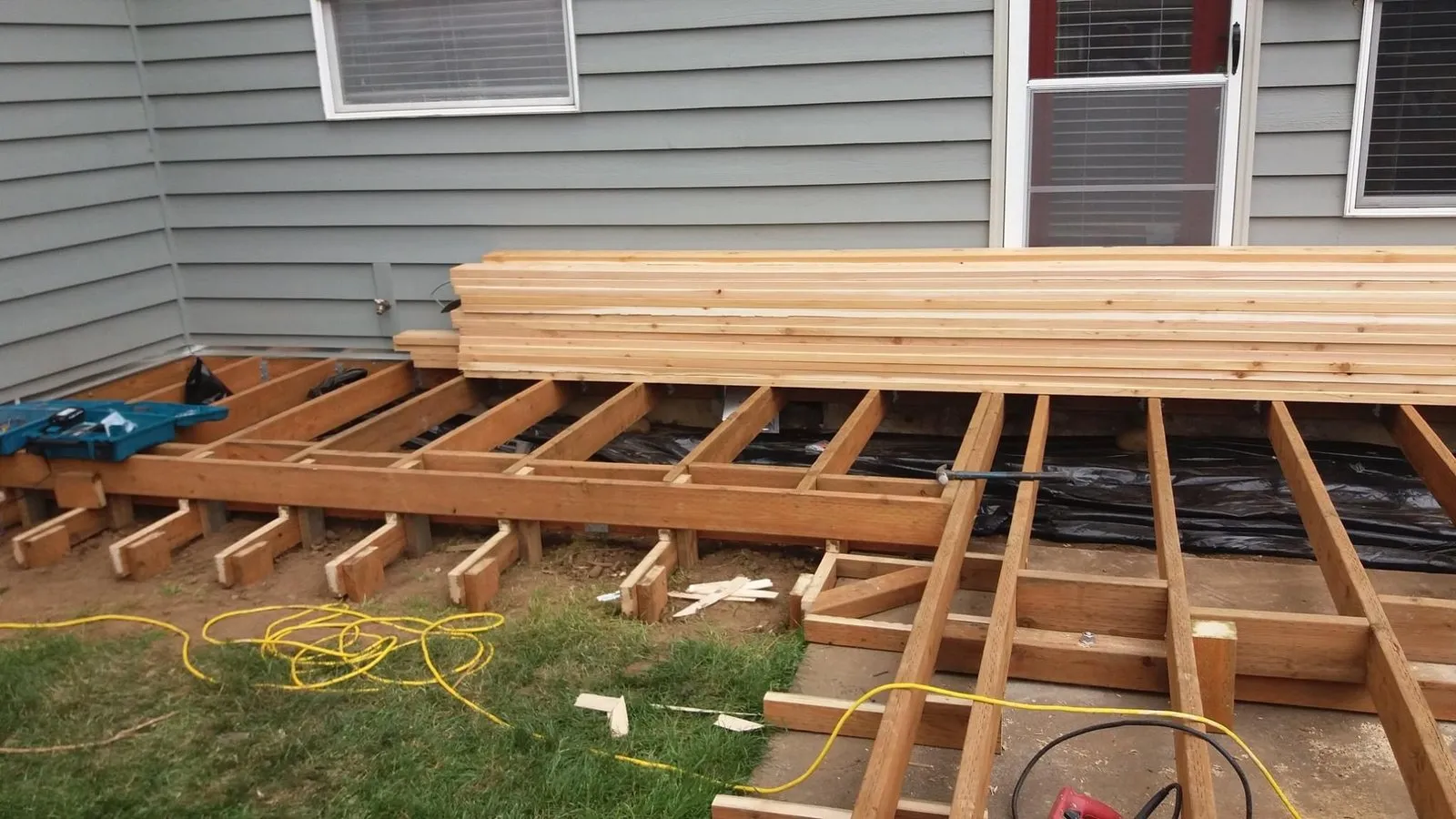 Deck joist framing before the boards go down