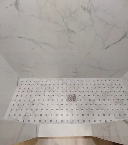 Basketweave mosaic shower floor with square drain