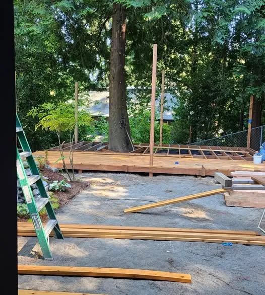 Deck framing and posts during construction